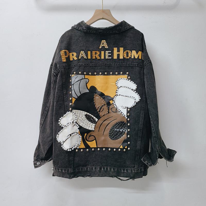 European Station Spring New European Heavy Industry Beaded Cartoon Top Fashion Foreign Style Washed Denim Jacket Women One size fits all чёрный