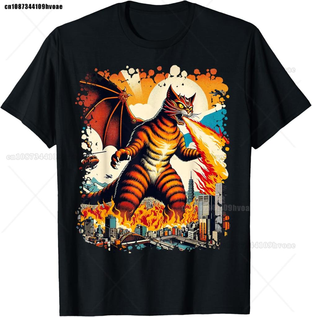 Catzilla Cat Japanese Art Funny Cat Gifts T-Shirt Top Tees Cotton High Quality Unisex Hip Hop TShirt Punk Gothic Graphic Breathable