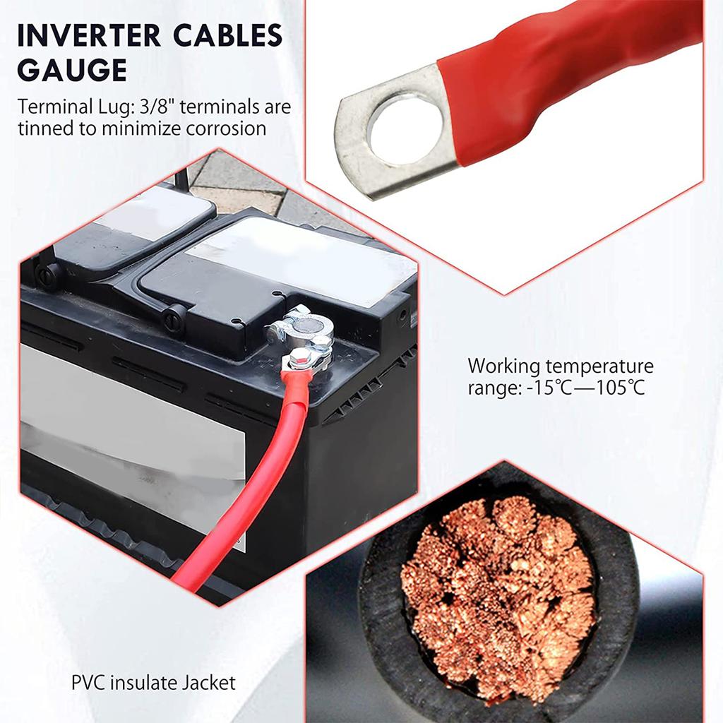 Battery Inverter Cable 2AWG Stranded Copper Wire Connector with 3/8inch Lugs Gauge Battery Cable for Car Marine Solar RV Boat