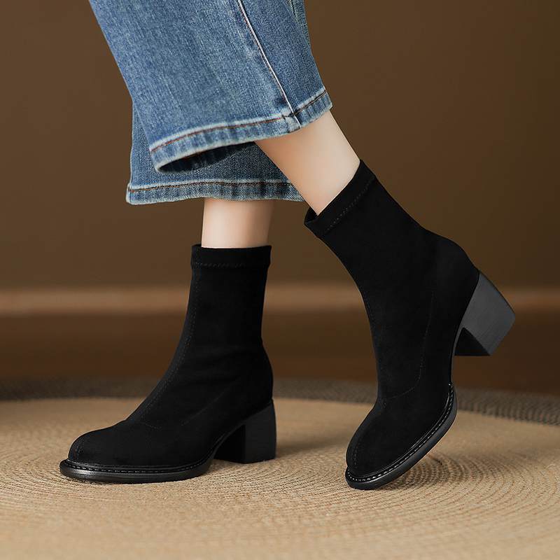 Krazing Po Flock Winter Round Toe Size 33 Western Boots Size 43 Thick High Heels Concise Style Ankle Boots