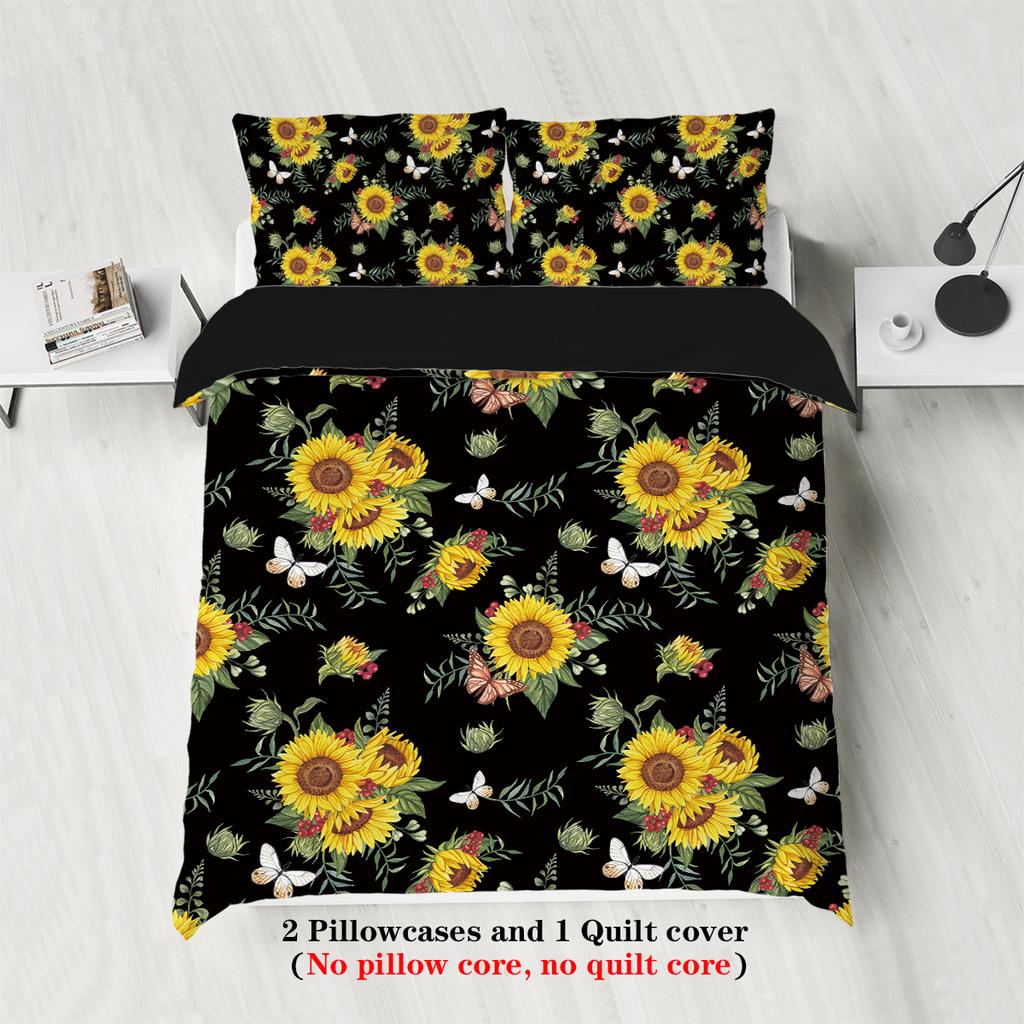 Copripiumino in piuma stampato a motivo floreale girasole in 3 pezzi (1 copripiumino+2 federe, senza imbottitura) set biancheria da letto