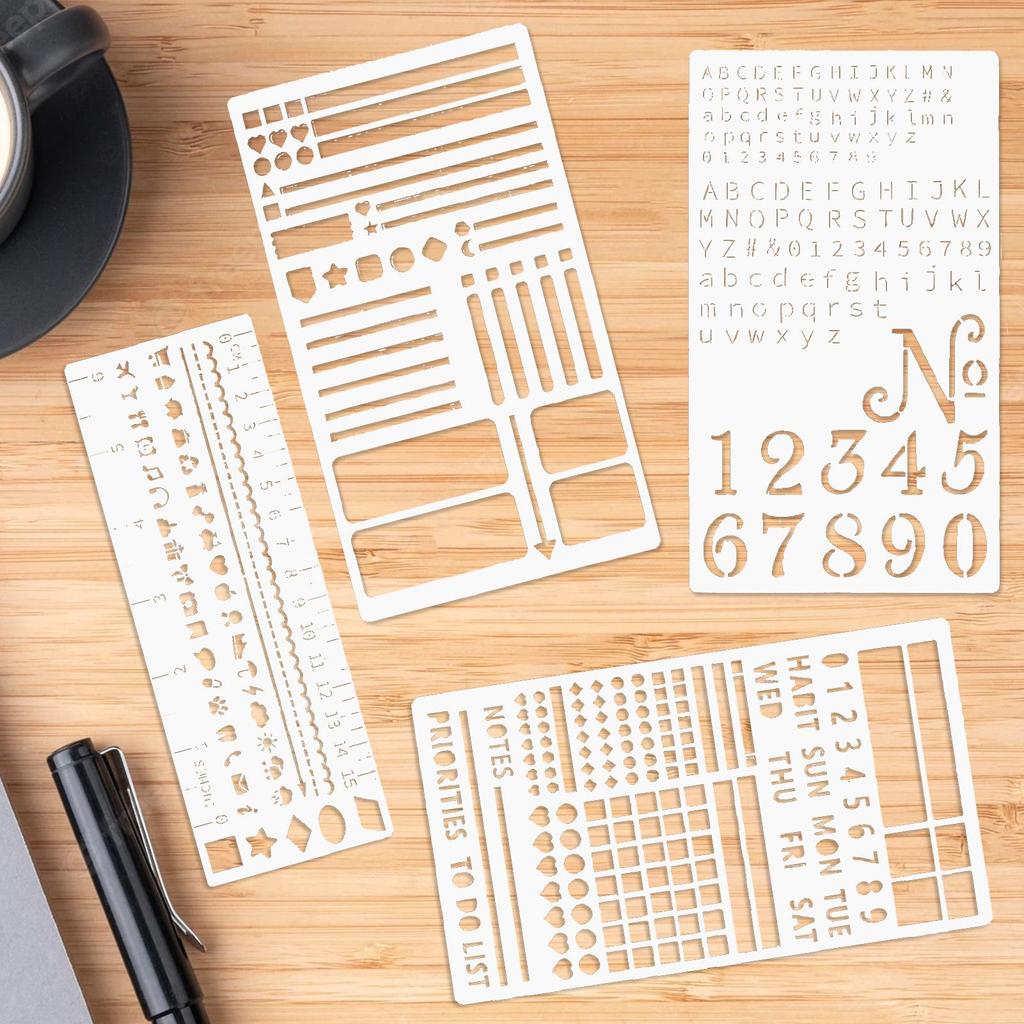 Journaling Stencils 4 Piece Rustproof Template Metal Stencils For Bullet Journaling For Tiny Letters Small Number Planner Habit
