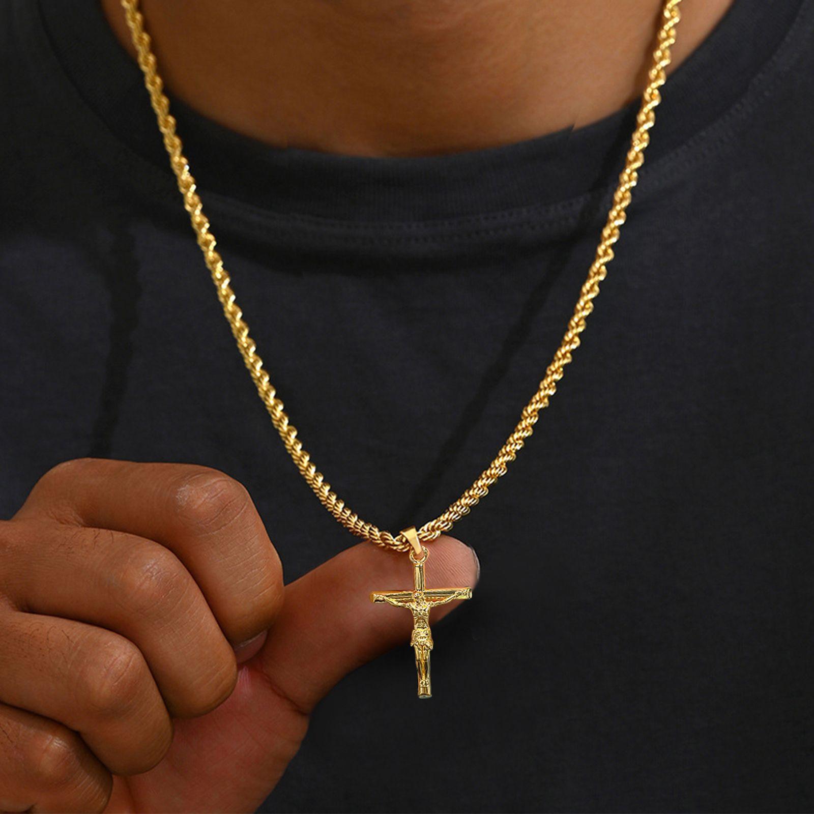 Religious Cross Necklace Catholicism Jesus Pendant Gold Collar Church Prayer Faith Jewelry for Men Women Gifts