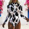 Women Plus Size Blue White Printed High Neck Front Zip Long Sleeve One Piece Swimsuit