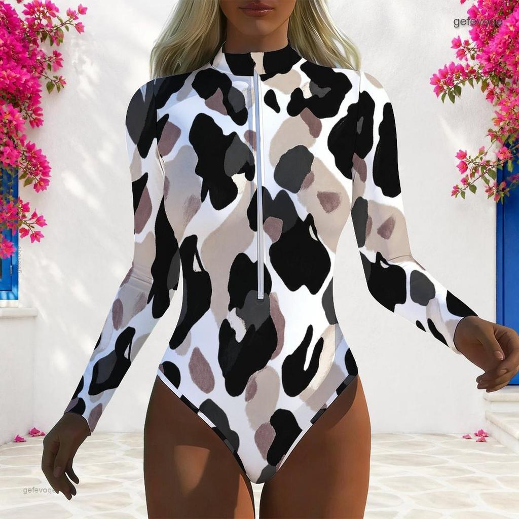 Women Plus Size Blue White Printed High Neck Front Zip Long Sleeve One Piece Swimsuit