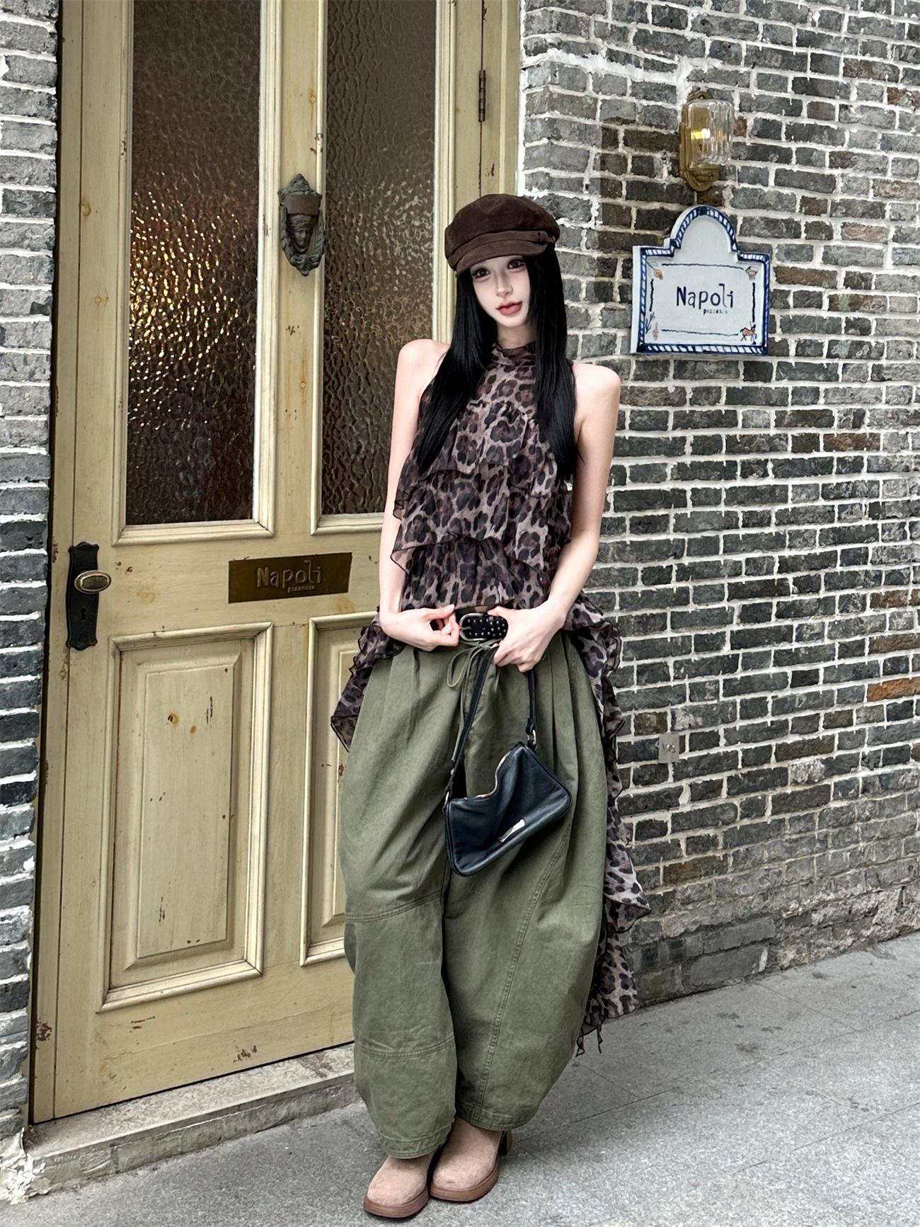 Leopard Print Layered Ruffle Chiffon Sleeveless Blouse for Women Small