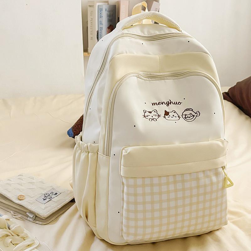 Grid Cat Fashion Embroidery Pattern Unisex Nylon School Backpack For Daily Use