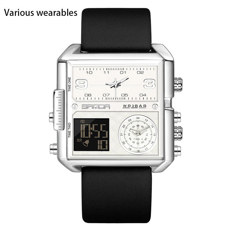 Fashion Casual Men's Watch Multi-functional Waterproof Leather Strap Electronic Watch Square Personality Large Dial