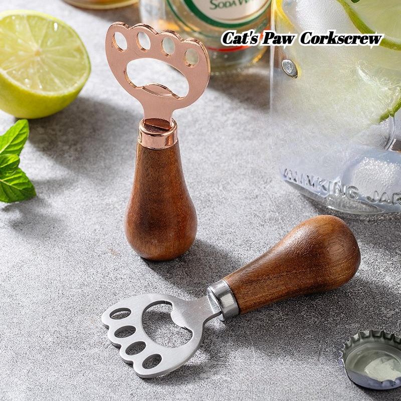 Portable Beer Bottle Opener Stainless Steel Acacia Wood Household Lanyard Beer Creative Cat Claw Vertical Cute Cap 1pcs