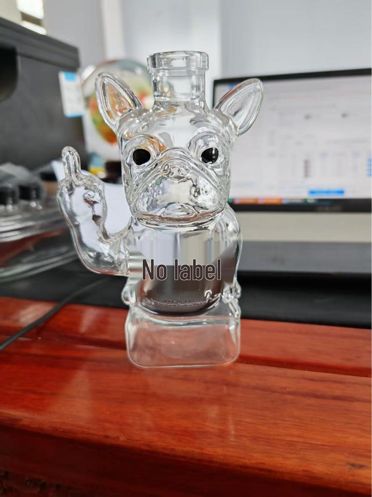 Transparent Glass French Bulldog Red Wine Bottle, Irregular Shape, Sealed for Whiskey/Vodka.