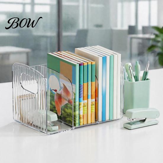 Space Saving Book Stand for Students Clear Magazine Holder, 3/4-Compartment Desk Organizer, Vertical Bookend File Multifunctional Storage Box