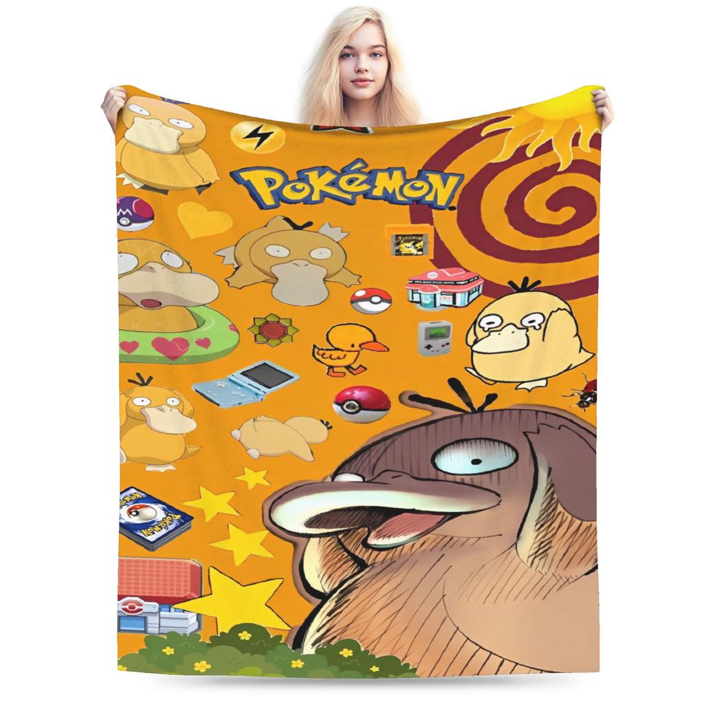 Warm Blanket Travel Office Manga Psyduck Printed Throw Blanket Pokemoned Flannel Bedspread For Outdoor Funny Sofa Bed Cover