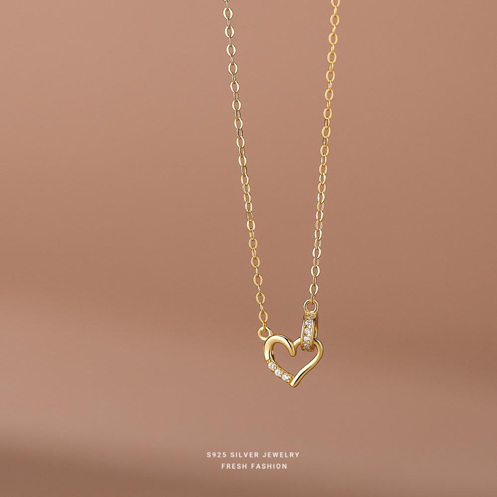 

925 Sterling Silver Korean Micro-Set Zircon Heart Pendant Necklace for Women Simple Light Luxury Jewelry 45cm золотий