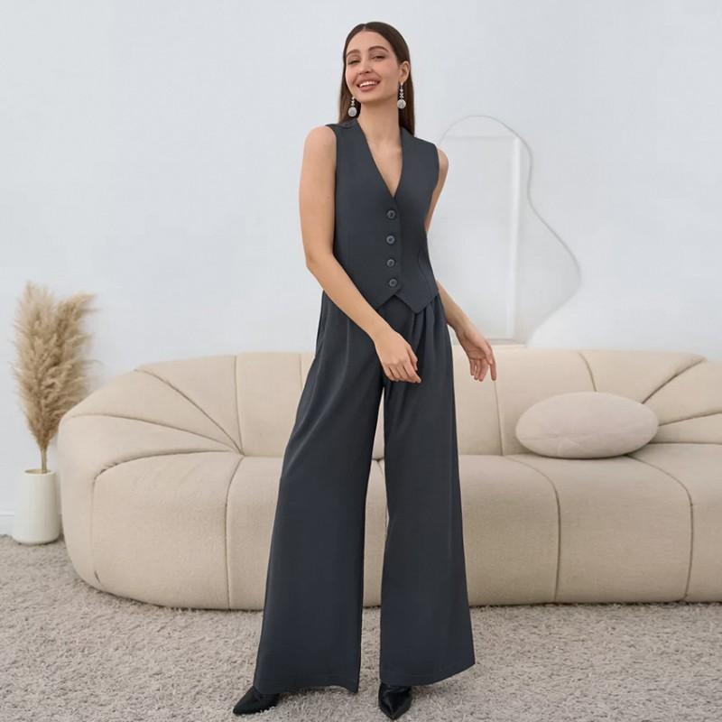 Womens 2026 Business Casual 2-Piece Set Sleeveless Blazer Vest Long Pants Solid Color Office Wear