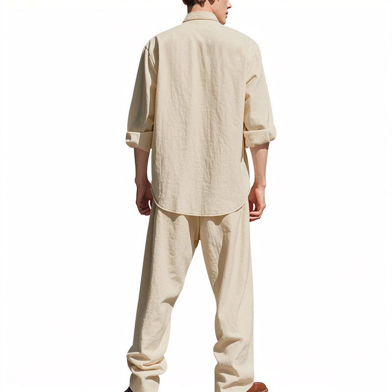 Men's All-season Linen Casual Two-piece Set: Loose-fitting, Comfortable and Breathable, Long-sleeved Top and Trousers
