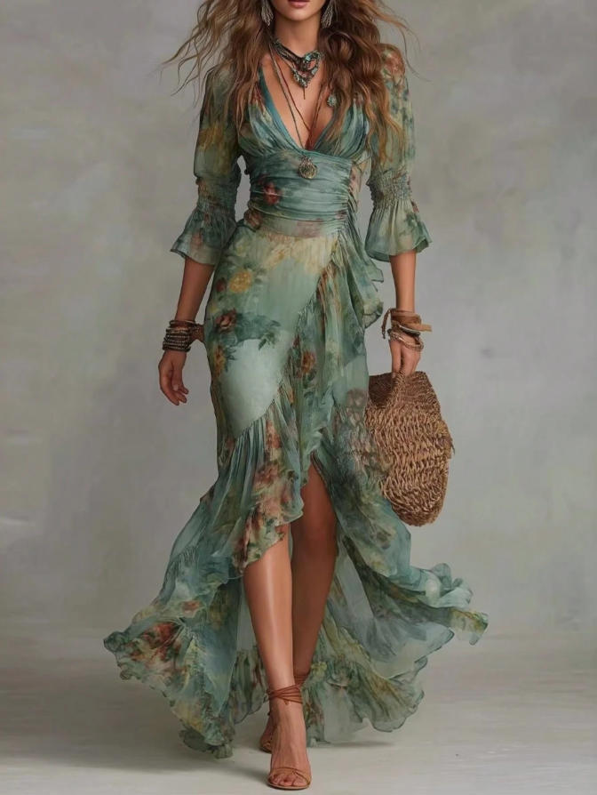 2026 Europa, Amerika, bedrucktes V-Ausschnitt-Langarmkleid Urlaubs-elegant unregelmäßiges Blumenkleid