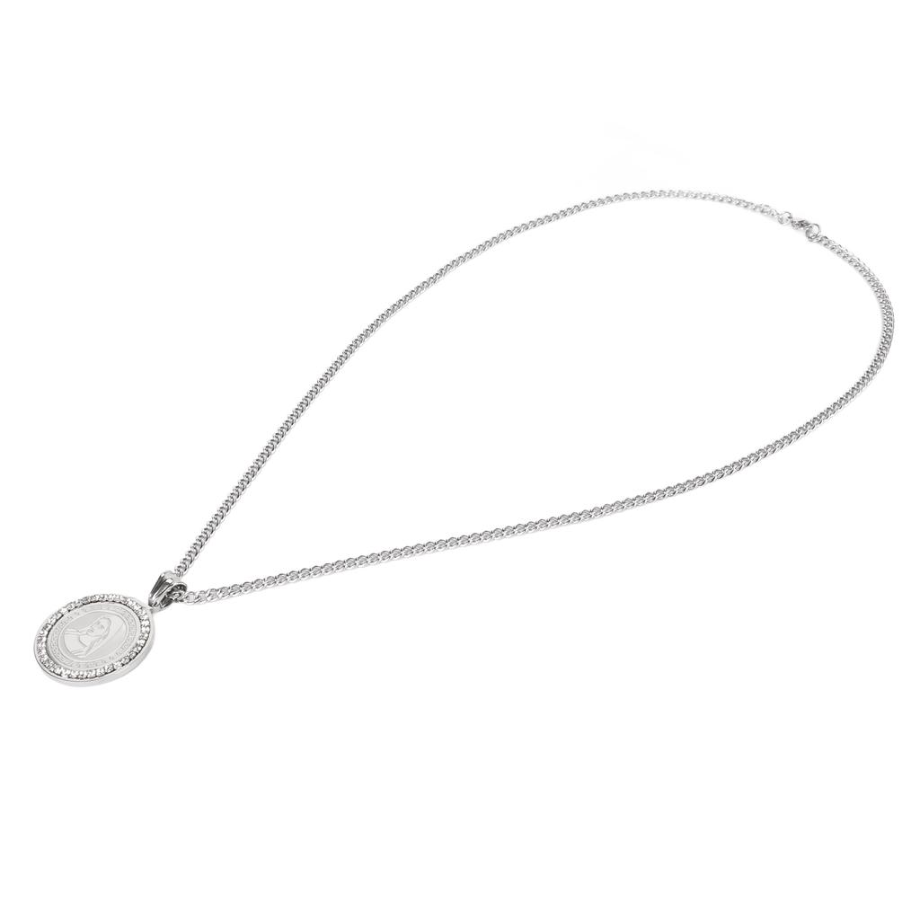 Round Engraved Pendant Necklace Men Women Fashionable Stainless Steel Rhinestone Pendant Necklace Steel Color