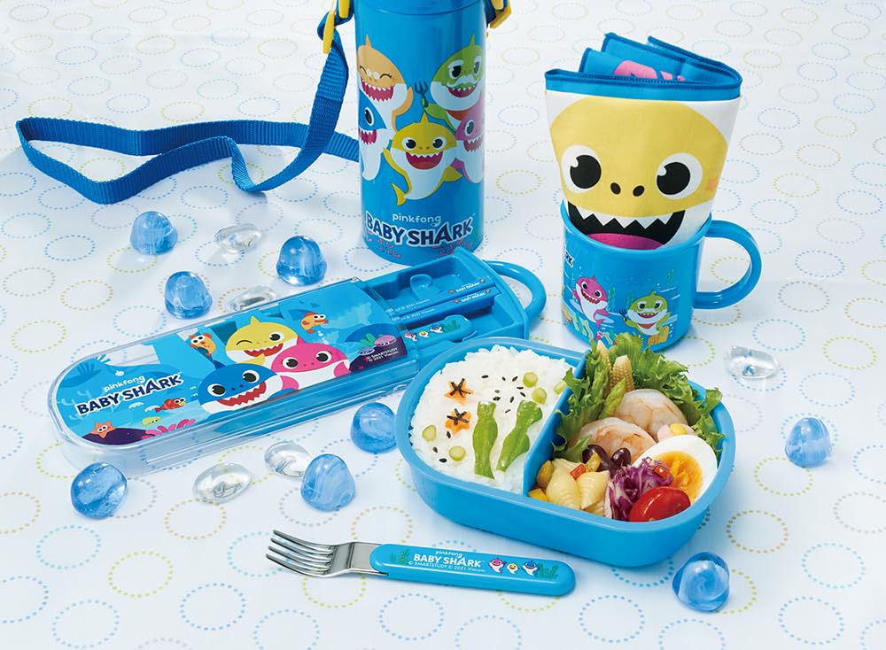 Skater Bento Trio and Antibacterial Made in Baby Shark TACC2AG Kids' Set, Chopsticks, Spoon, Fork, Cutlery, Easy-Opening Slide-Open Design, Japan,