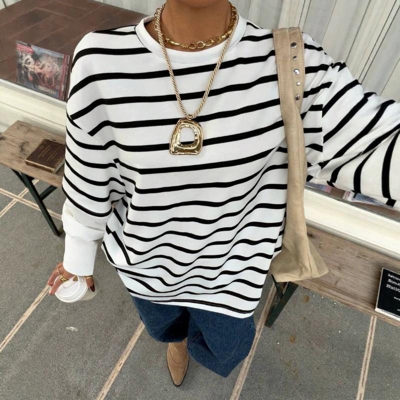 Women Striped Crew Neck Fake Two Piece Loose Long Sleeve Casual Sweatshirt