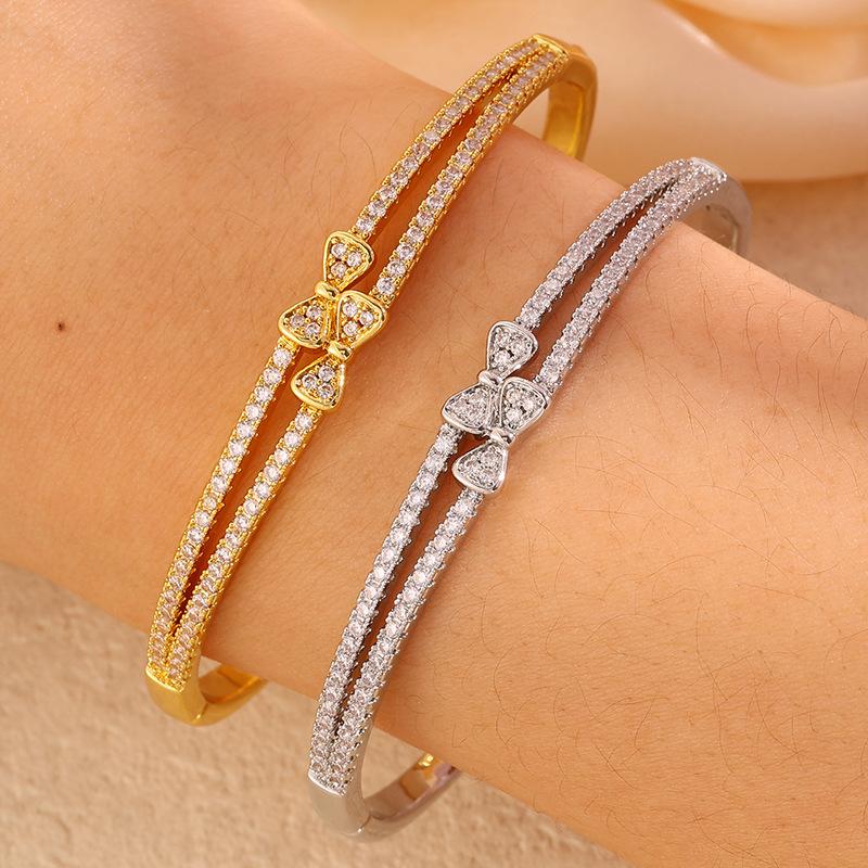 European and American fashion bow zircon copper gold-plated  double-layer full diamond non-fading versatile high-end 