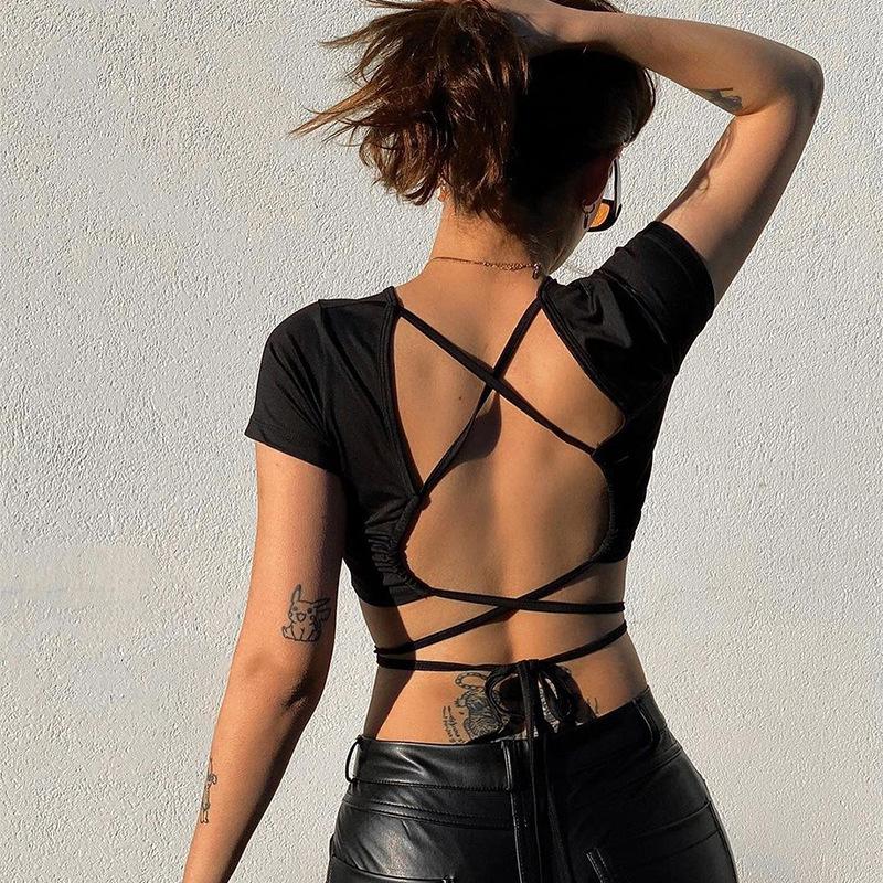 

Сексуальная и красивая спина, перекрещенные бретели, обнаженный пупок, топ для похудения, гладкий молочный шелк, базовая универсальная футболка