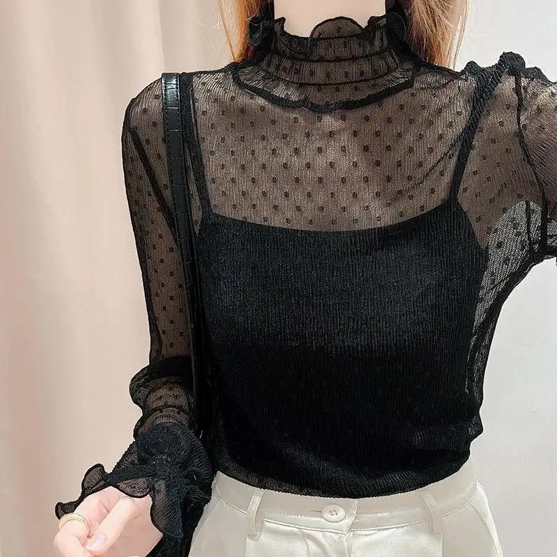 

Женская кружевная рубашка Весенне-осенняя мода Женская блузка с расклешенными рукавами Женская белая марлевая блузка с высоким воротом Сетчатые топы M чёрный