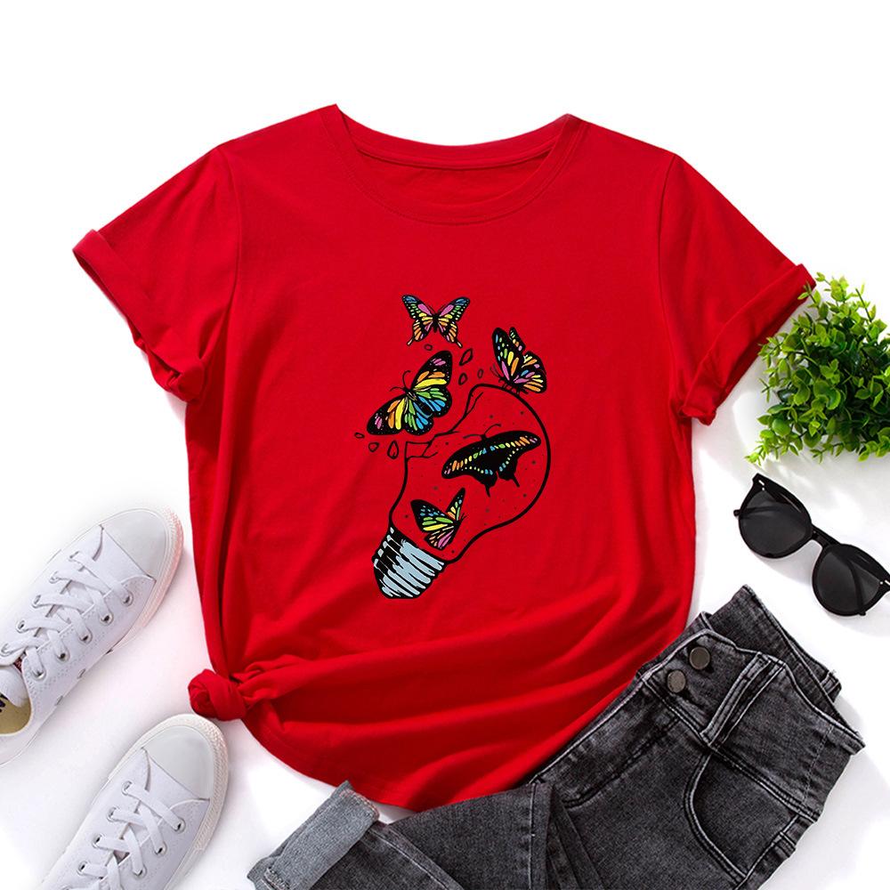 Butterfly Freedom Lamp Cotton T-Shirt Short Sleeve Round Neck Women 2d Print Tops