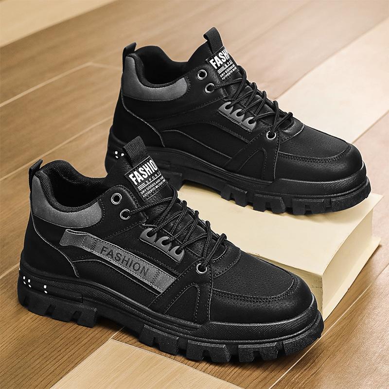 

Осень новая мода ретро стиль кожаная вставка шнуровка платформа ботинки Мартин уличный спорт мужская обувь 44 чёрный