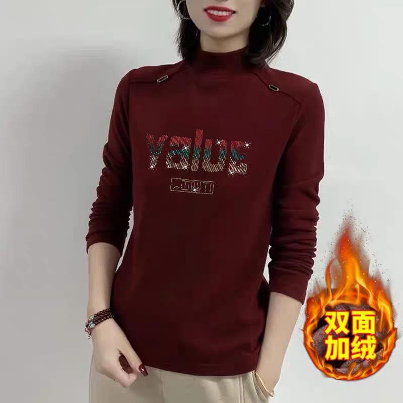 Thickened Warm Semi-turtleneck Bottoming Shirt for Women's Autumn and Winter New Slim-fitting Long-sleeved Solid-color Middle-aged Top for Women