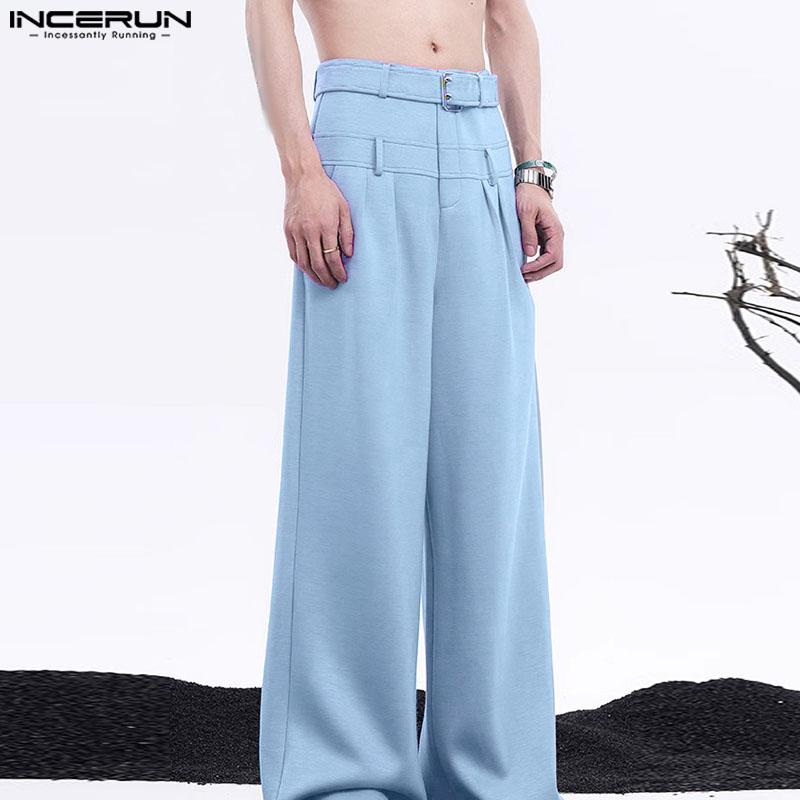 INCERUN Herrenhose mit Reißverschluss, lange Hose mit weitem Bein, lässige Palazzo-Hose, gerade Hose
