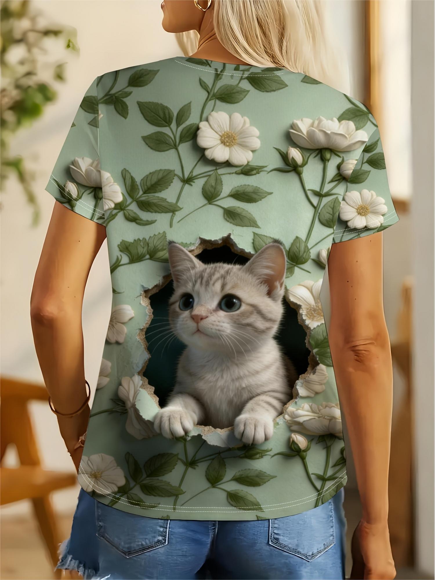 

[Printed Design-Not Textured]Women s Standard Size T-with Green Background and White Floral. Featuring Cute Little Kittens with Holes(fresh Floral Dec XL дубильная кора