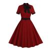 GMXIA Vintage Women's Bow Tie Tie Matching Wine Red Cotton Swing Mid-length Dress