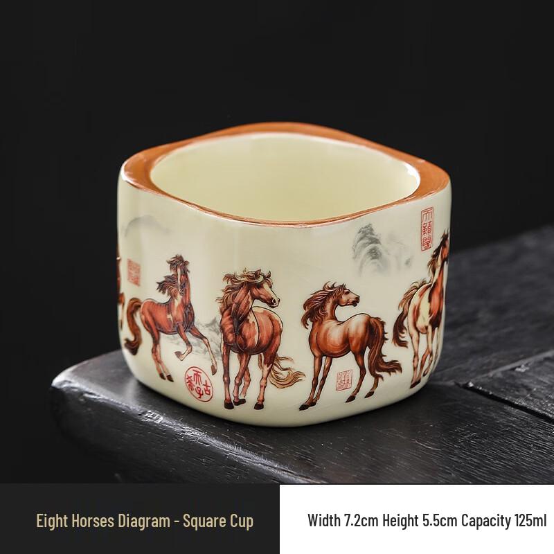 Ru Kiln Ceramic Eight Horses Square Teacup Set