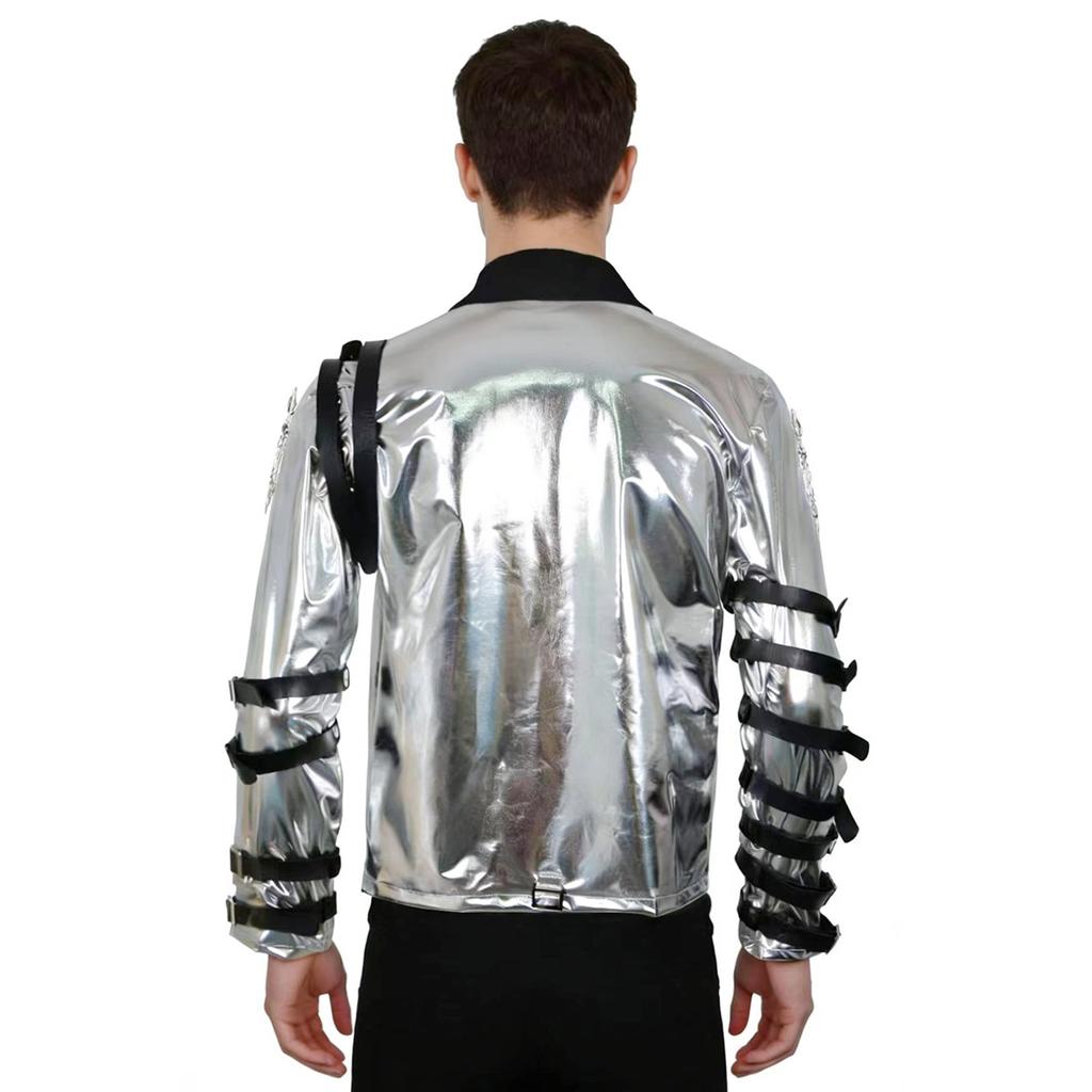 New : Michael Jackson Bad Era Silver Jumpsuit. Retro Rock Star Stage Performance Bodysuit & Top