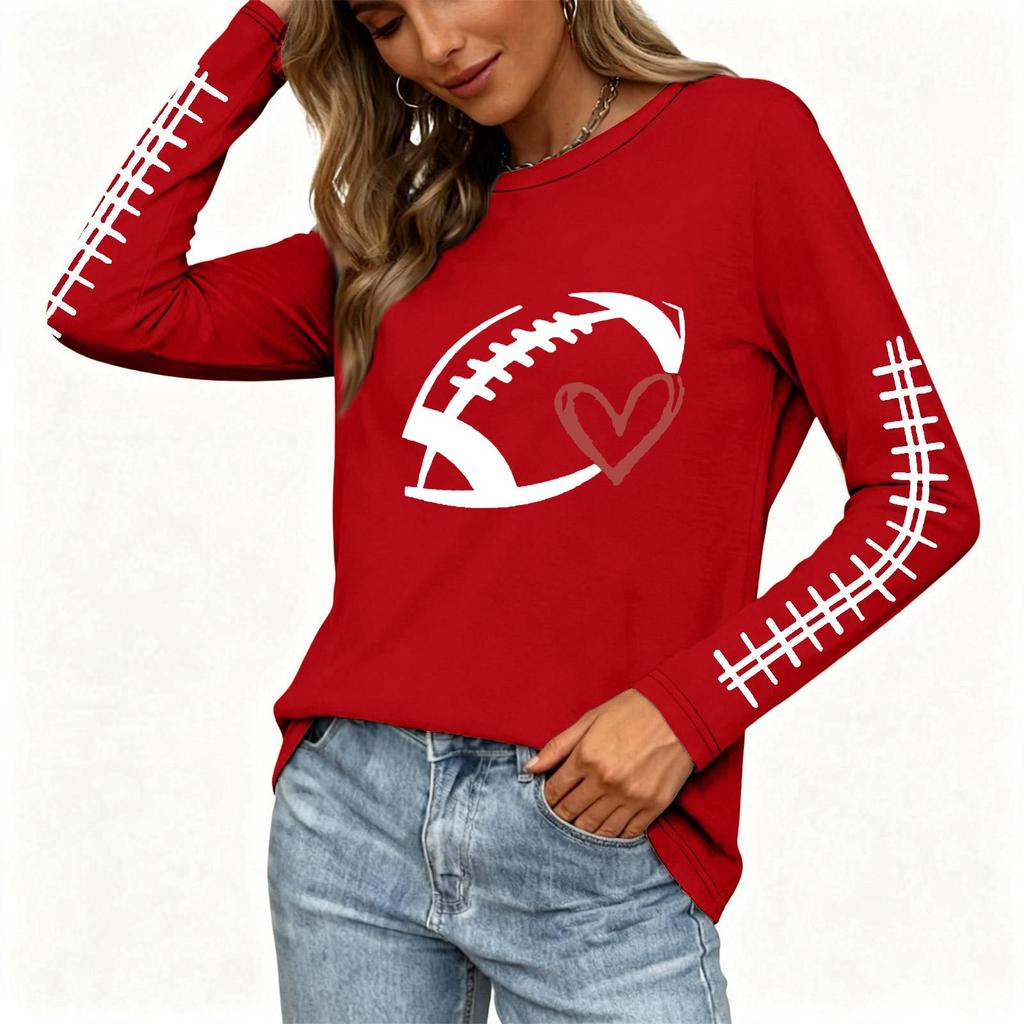Women's Fashion Rugby Print Long Sleeve Neck Top with Side Slit Hem