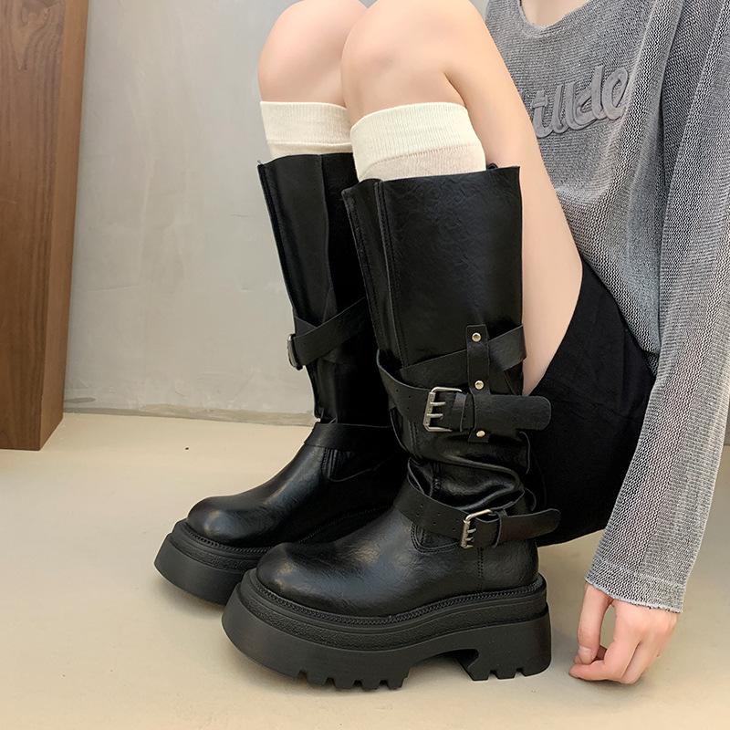 Maillard Small Belt Buckle Boots Women's 2025 Autumn and Winter New Thin Western Boots Straight Long Knight Boots