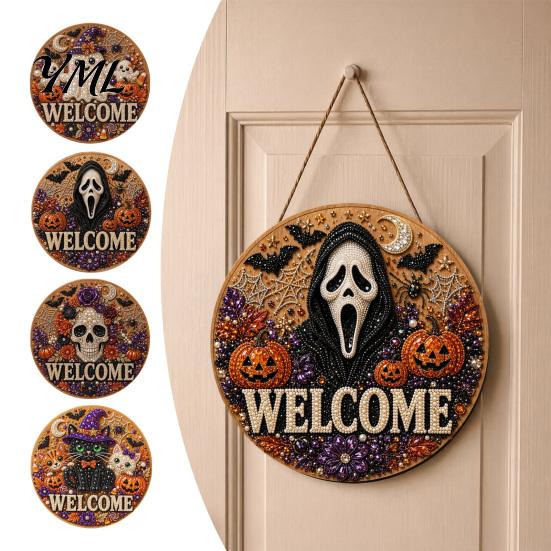 Wall Hanging Decor Halloween Faux Pearl Door Sign Kit, Ghost Skull Skeleton Cat Welcome Decoration Crafts Handmade Painting Arts for DIY Art