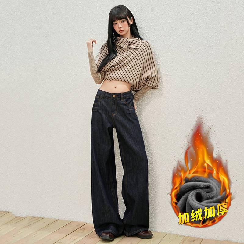 

Autumn American Style Plus Velvet Embroidered Loose Straight-Leg Jeans for Women S