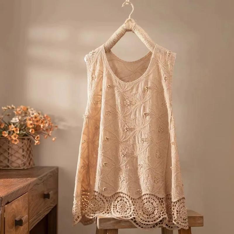 Women Lace Crochet Sleeveless Top Round Neck Casual Loose Fit Tank Top with Scalloped Hem