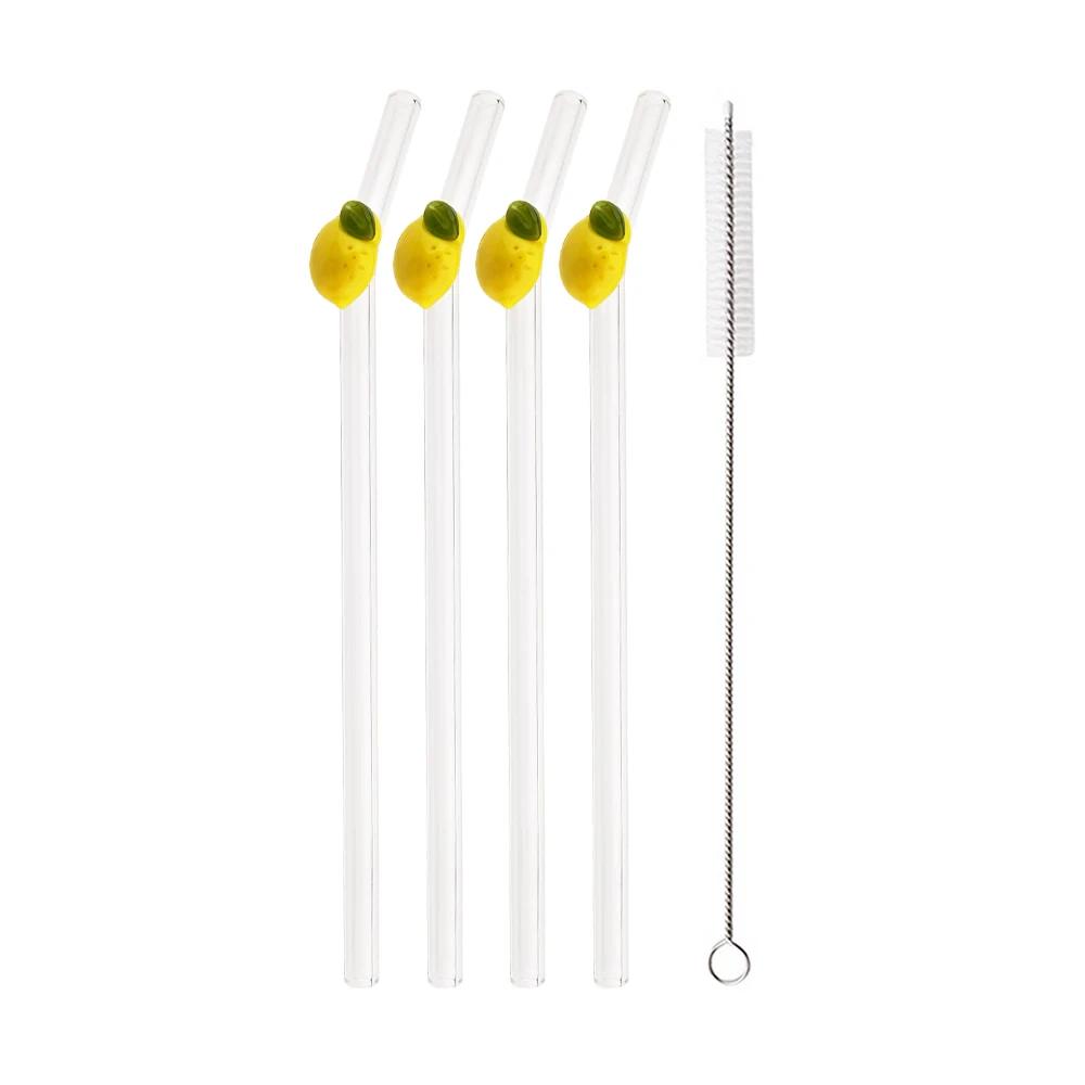 200*8mm Drinking Straw Set with Brush 4/5pcs Lemon Glass Straws High Borosilicate Bent Glass Straw Home Party Bar Drinkware