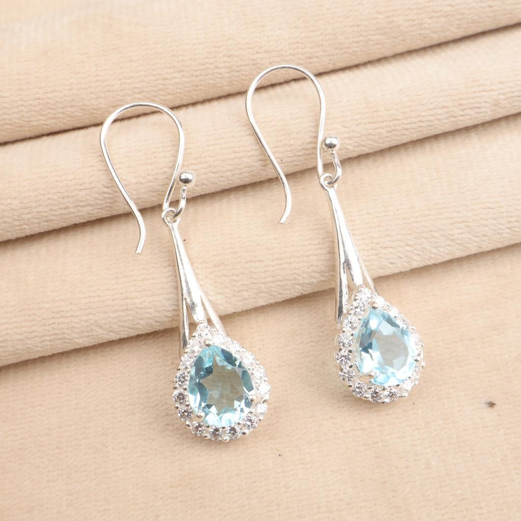 Natural Sky Blue Topaz Gemstone 925 Stamped Silver Jewelry Zircon Earrings 1.86" CZE-7-11