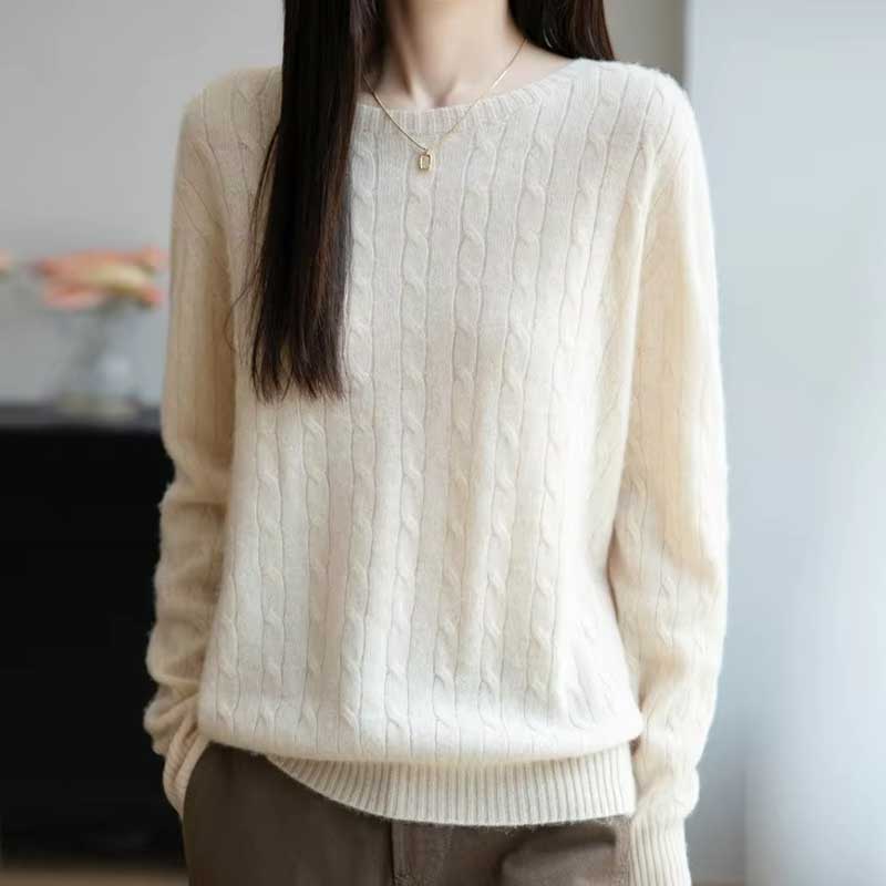 Casual Simple Women Fashion Sweater Round Neck Cable Knit Pullover Tops Loose Long Sleeve Pullover Base Layer Autumn Winter Comfortable Warm Knit Top