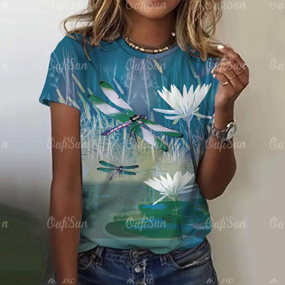 2024 Fashion Women's Short Sleeve Women's T-Shirt Dragonfly Print Fashion T-Shirt for Women Basic Casual Women's Oversized Top