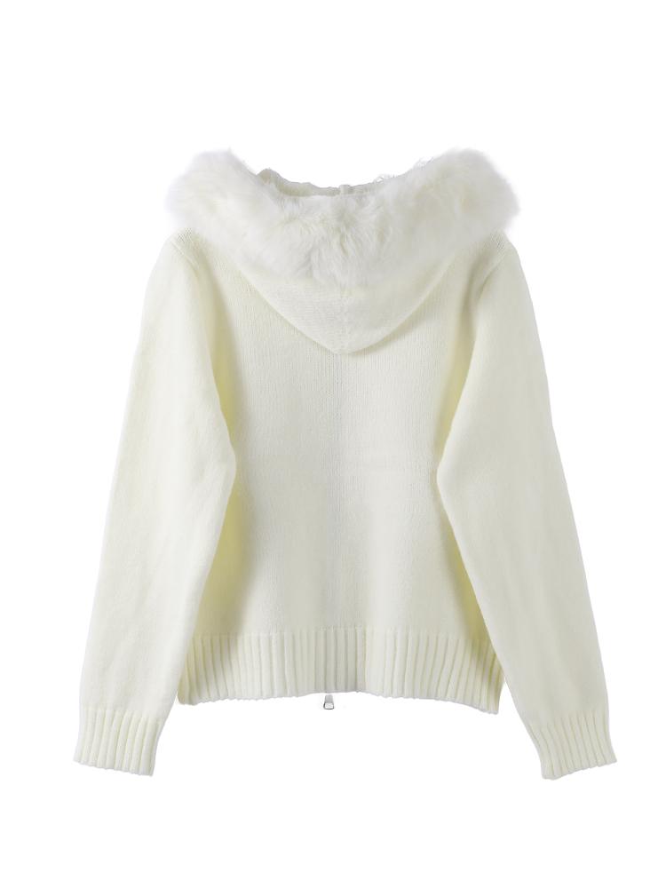 Women's Hooded Zipper Khaki Sweater Cardigan Fur Hat White Knitted Cardigan Furry Hat Knitted Jacket Women's Warm Black Sweater Lining Autumn Winter