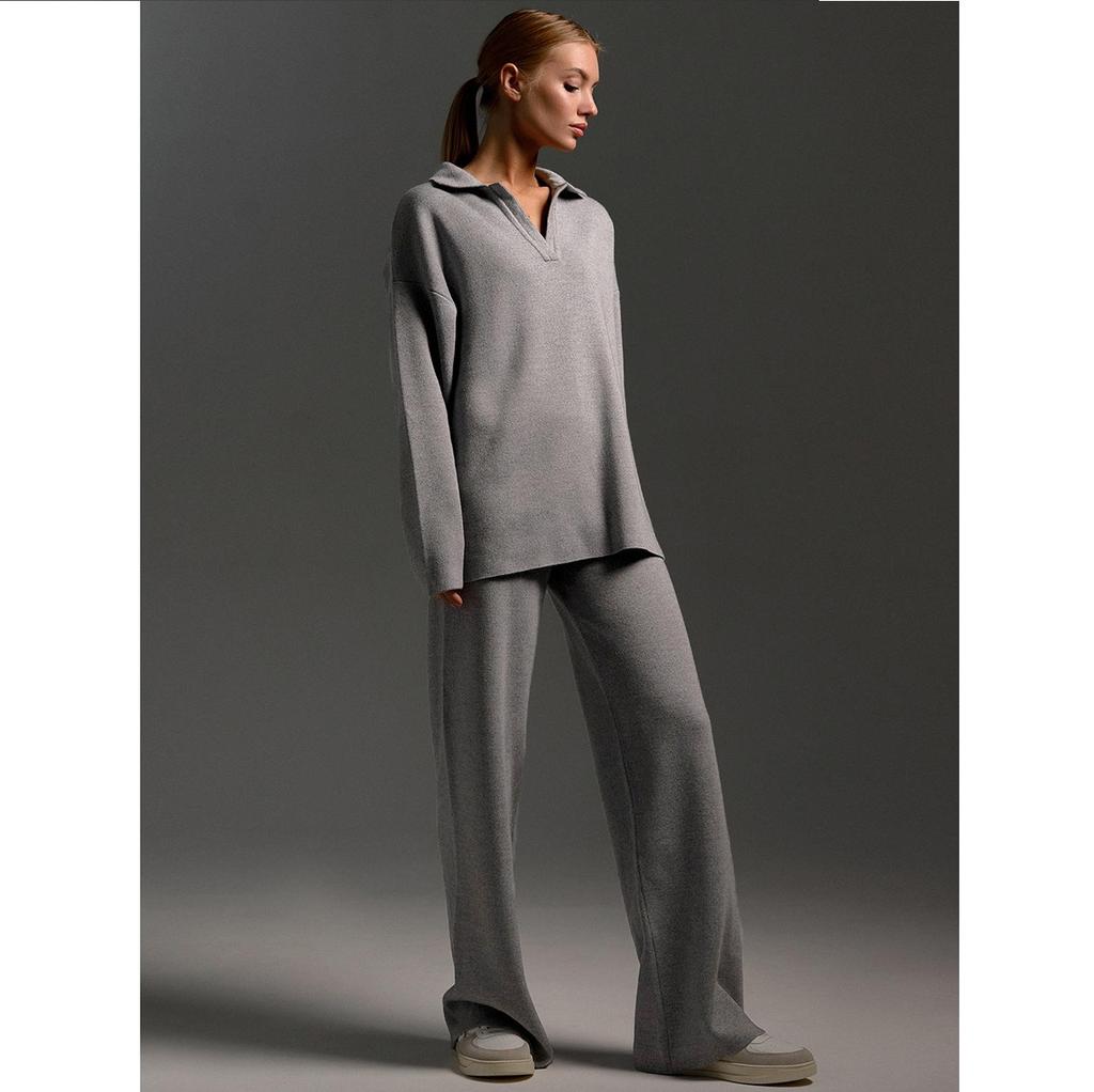 Solid Color Lapel Sweater Set Knit Sweater+straight Leg Wide Leg Pants Two-piece Set High Neck