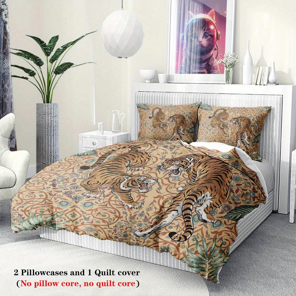 3Pcs Cool Tiger Bedding Set (1 Quilt Cover + 2 Pillowcases, No Core), Green Leaf Print Element Pattern Quilt Cover Bedding Set