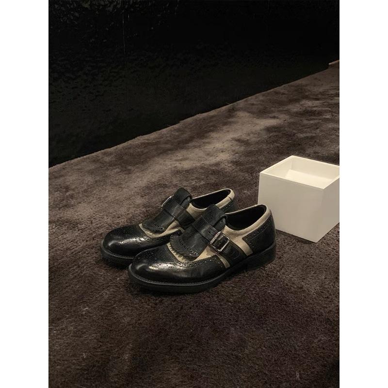 Cowhide version heavy industry leather single shoes women's British style retro thick heel fringed carved loafers Brock small leather shoes