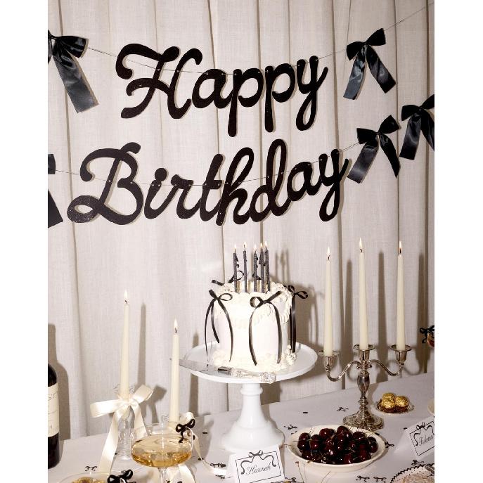 Xo, Fetti Happy Birthday Banner, Black Glitter + Satin Bows - 5.5 Ft. | Birthday Decorations, Coquette Bday Decor, 30th Party Sign, 21st Photo Booth