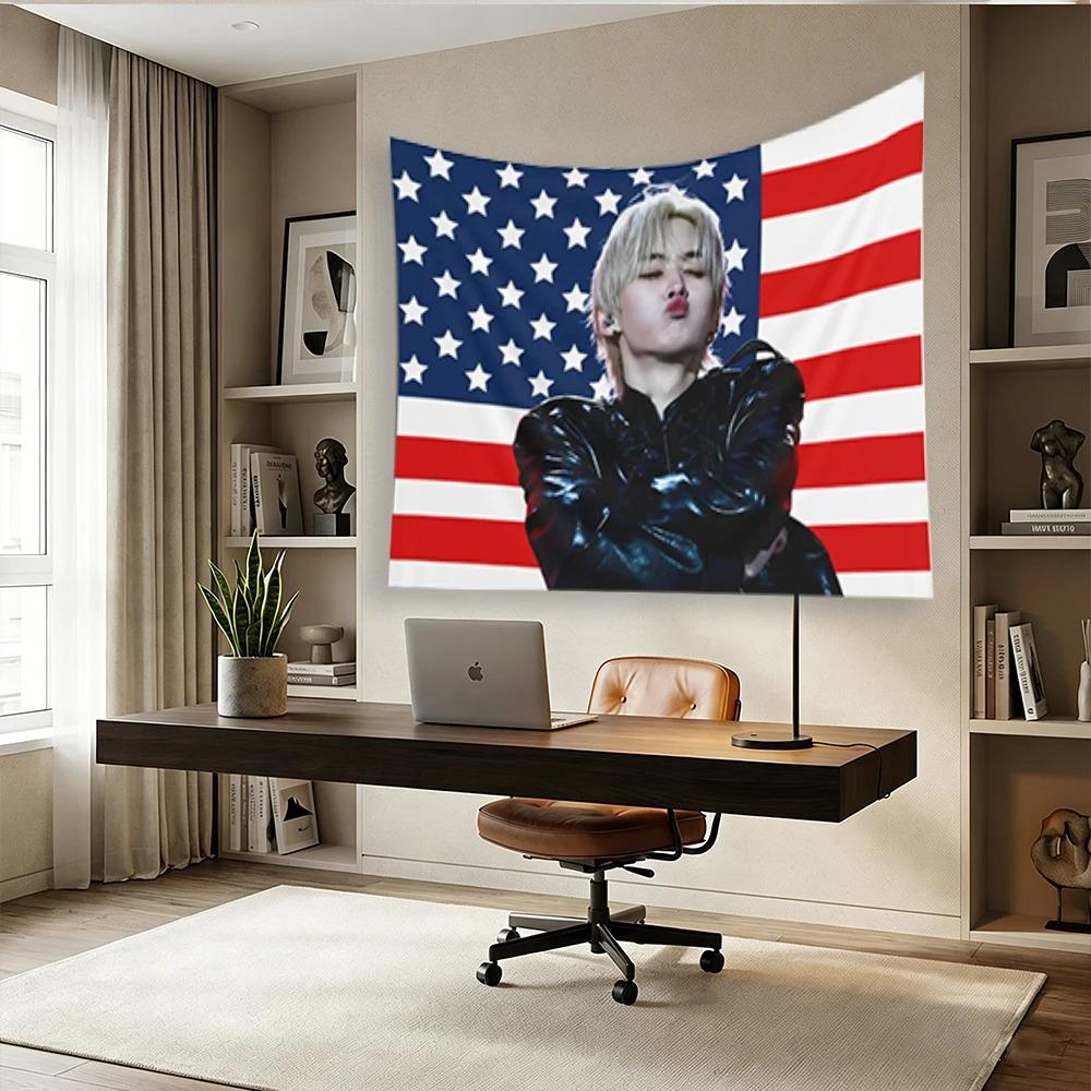 KPop Idol US Flag Tapestry Black Leather Outfit Print Polyester Wall Hanging Fan Themed Home Decor for Bedroom  Dorm