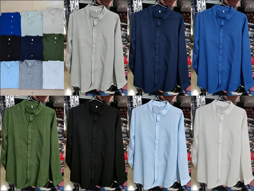 Autumn/Winter V-Neck Linen Cardigan Stand Collar Long Sleeve Men's Shirt